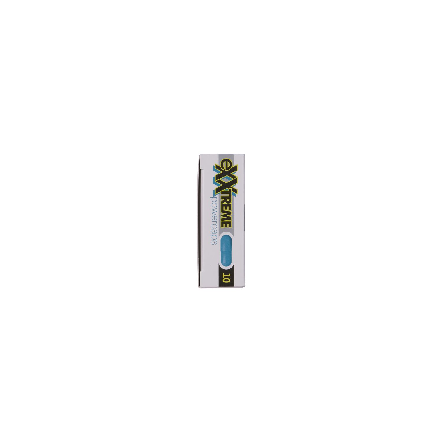 Doosje met blauwe capsule. Opschrift: eXXtreme power caps. 10 capsules. Opschrift: HOT.