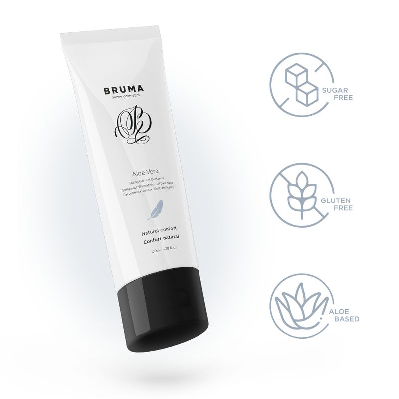 Tube de gel lubrifiant Bruma Aloe Vera avec icônes : Sans sucre, Sans gluten, à base d'Aloe Vera.