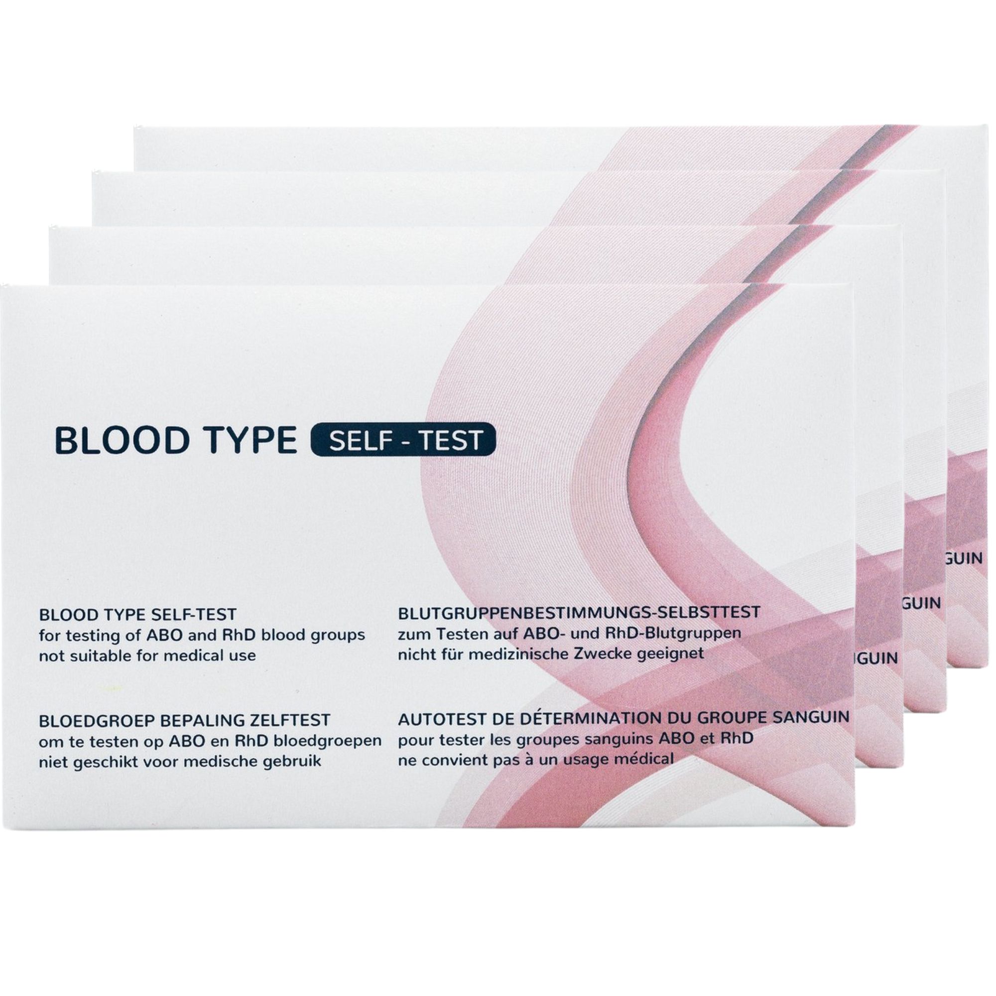 Meerdere verpakkingen van bloedgroep-sneltest. Witte verpakking met roze design. Tekst: Blood Type Self-Test, Blutgruppenbestimmung-Selbsttest, Bloedgroep Bepaling Zelftest, Autotest de détermination du groupe sanguin.