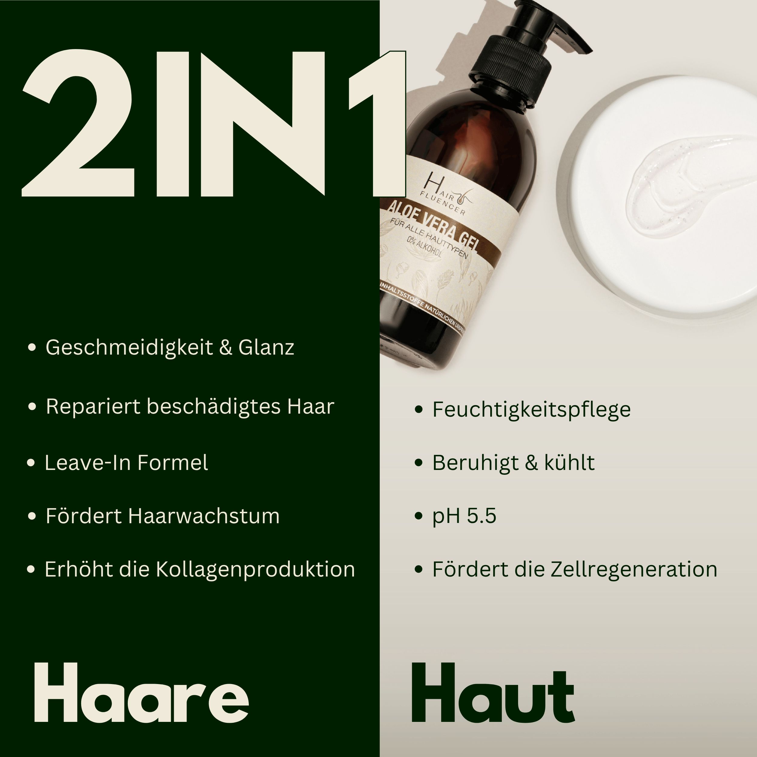 Tekst: 2in1 Haar & Huid. Soepelheid, herstelt, leave-in, bevordert groei, collageen. Hydrateert, verzacht, pH5.5.