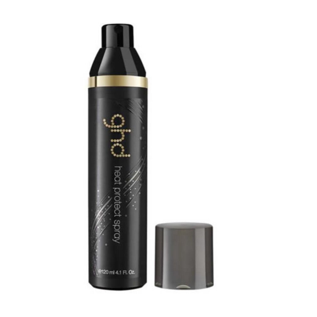 Ghd Style Hittebeschermende spray, fles met dop eraf, zwarte houder met gouden band.