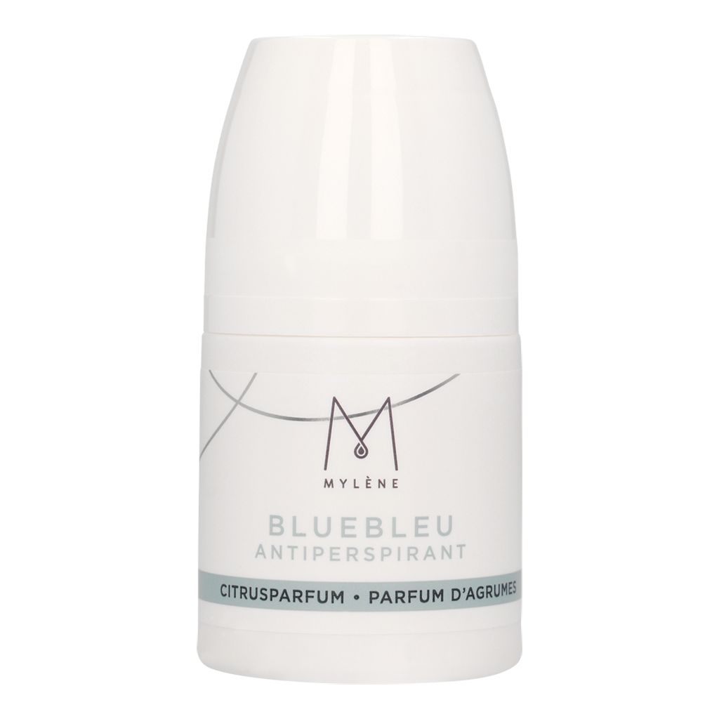 Witte roll-on deodorantfles met blauw etiket en opschrift "Mylène Bluebleu Antiperspirant".