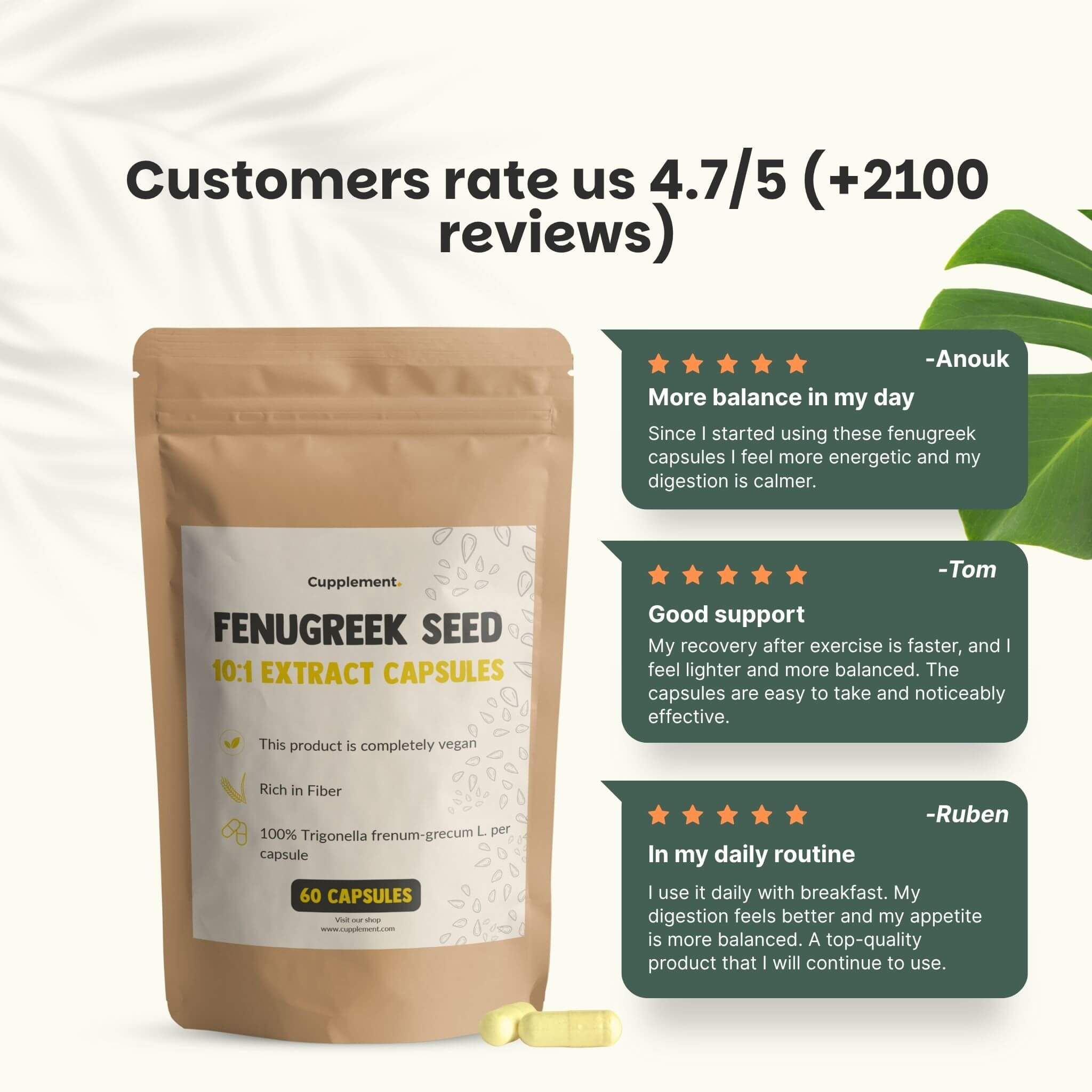 Sachet de gélules. Texte: Nos clients nous évaluent à 4,7/5 étoiles. Citations de clients.