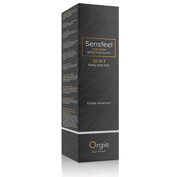 Zwarte verpakking met productinfo. Opschrift: Sensfeel FOR MAN, 10 in 1, Orgie. Tekst in goud en wit.