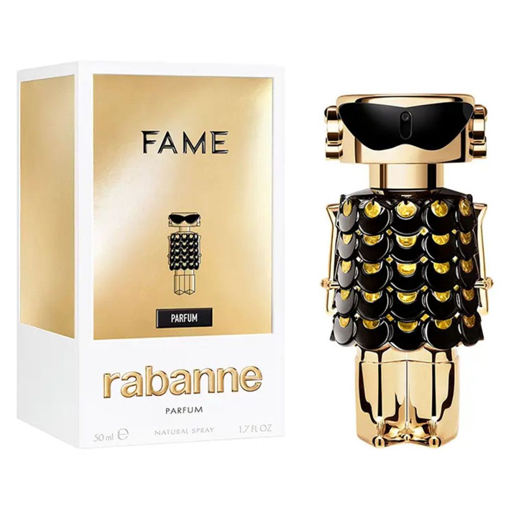 Gouden fles met zwarte top en schubbenpatroon, naast een witte doos met gouden opschrift.