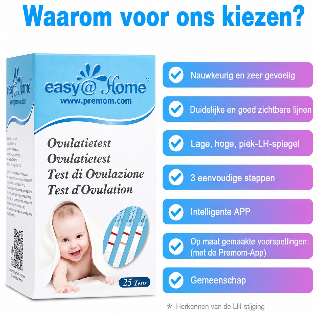 Doos met 25 easy@Home ovulatietests. Toont baby en teststrips.
