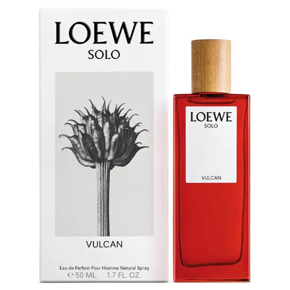 Flacon et emballage Loewe Solo Vulcan Eau de Parfum. Flacon rouge avec bouchon en bois. Emballage blanc avec motif floral.