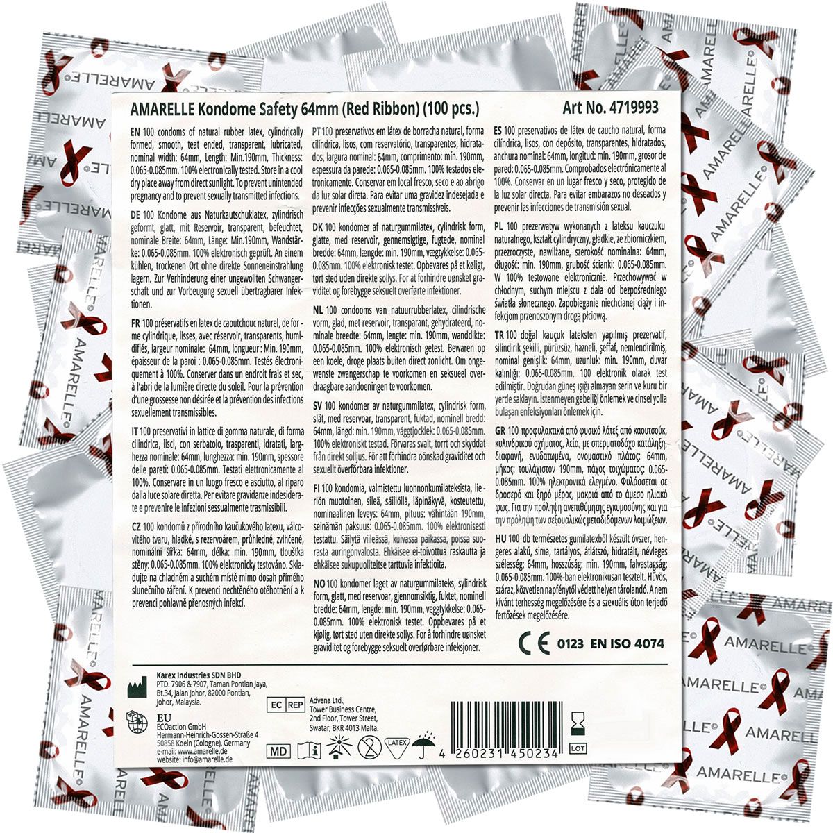 Préservatifs et emballage du produit. Inscription: Amarelle Kondome Safety 64mm (Red Ribbon) (100 pcs). 100 pièces. Informations et certifications.