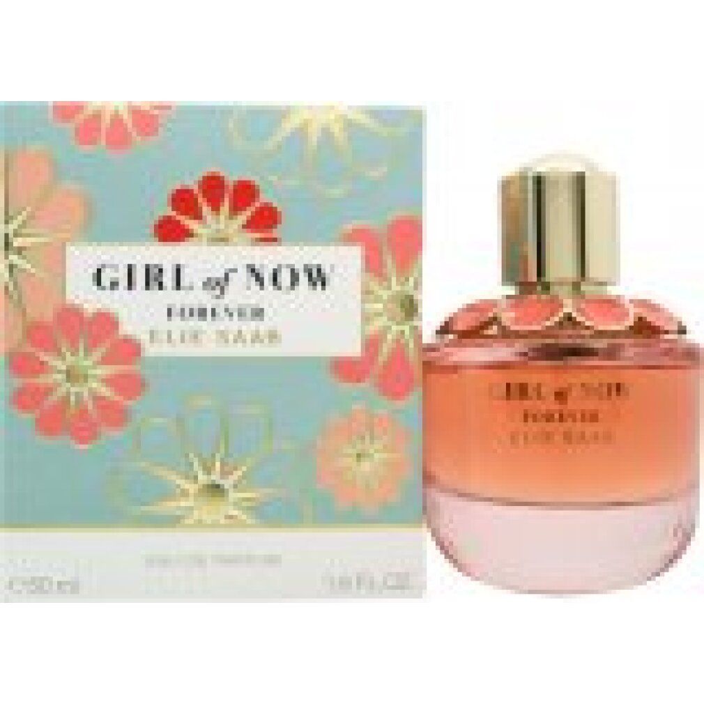 Elie Saab Girl of Now Forever Eau de Parfum 50ml flesje en doos met bloemenpatroon.