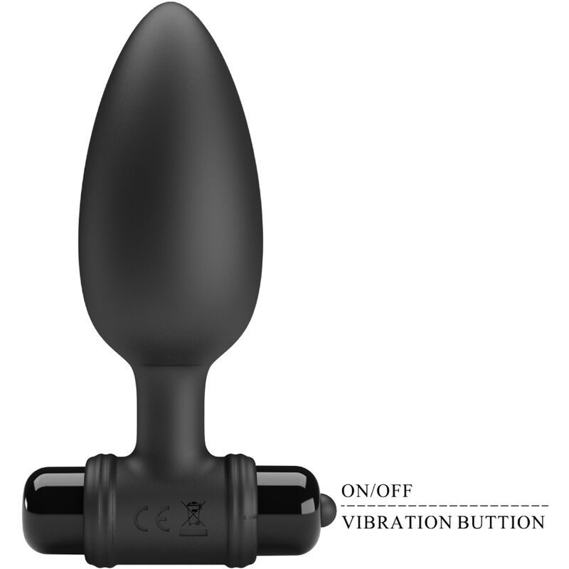 Zwarte vibrerende anale plug met brede basis en bedieningselementen. Glad oppervlak, ergonomische vorm.
