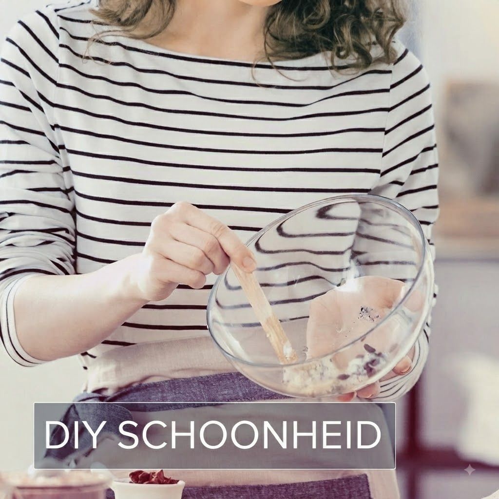 Vrouw mengt ingrediënten in glazen kom met houten stokje. Tekst: DIY SCHOONHEID.