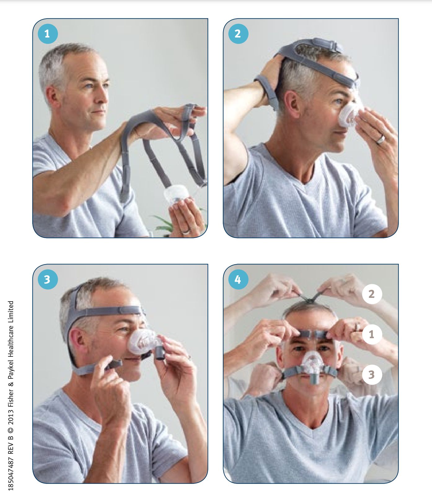 Instructions pour ajuster un masque nasal : mise en place du harnais et du masque.