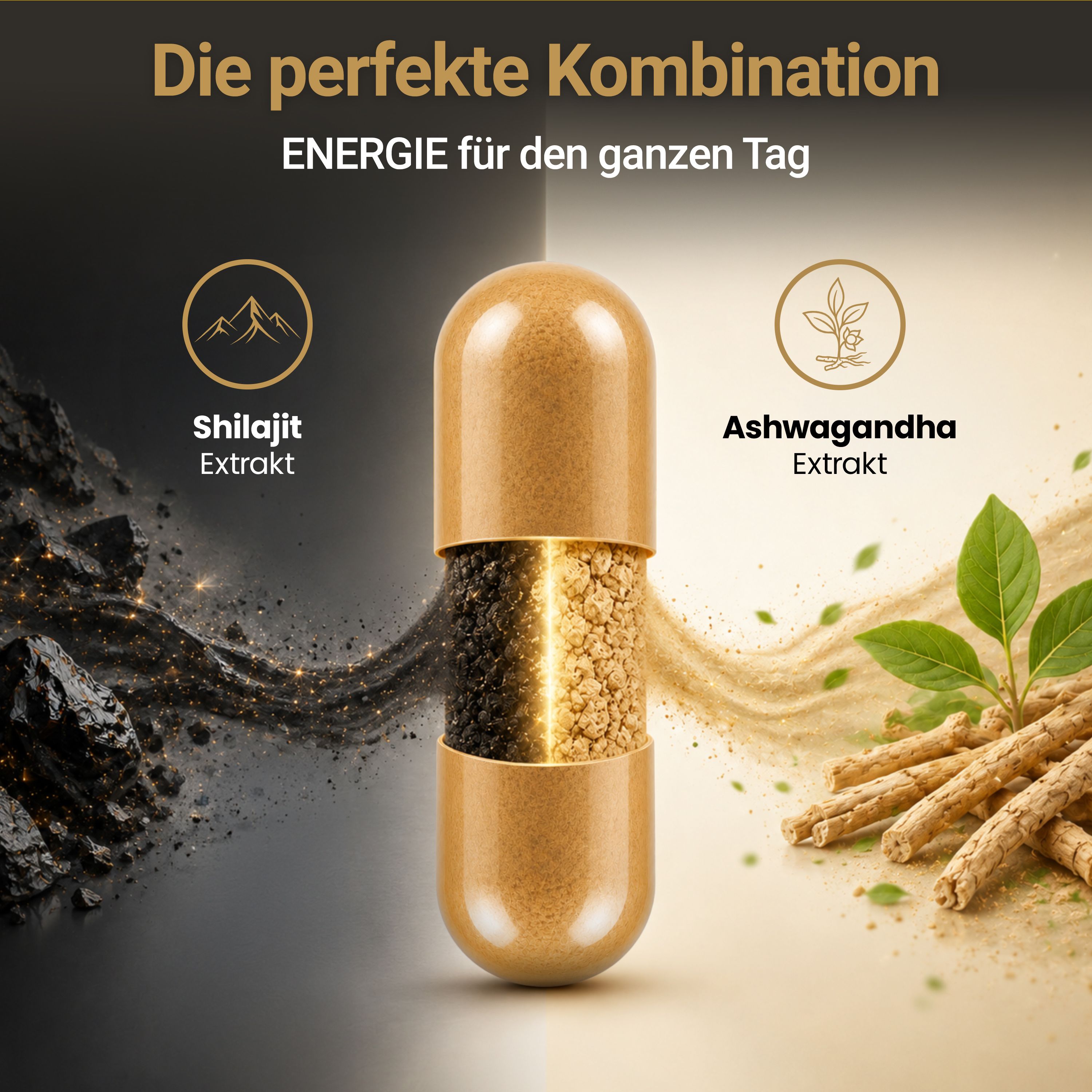 Exploderende capsule toont Shilajit extract en Ashwagandha extract. "Energie voor de hele dag".