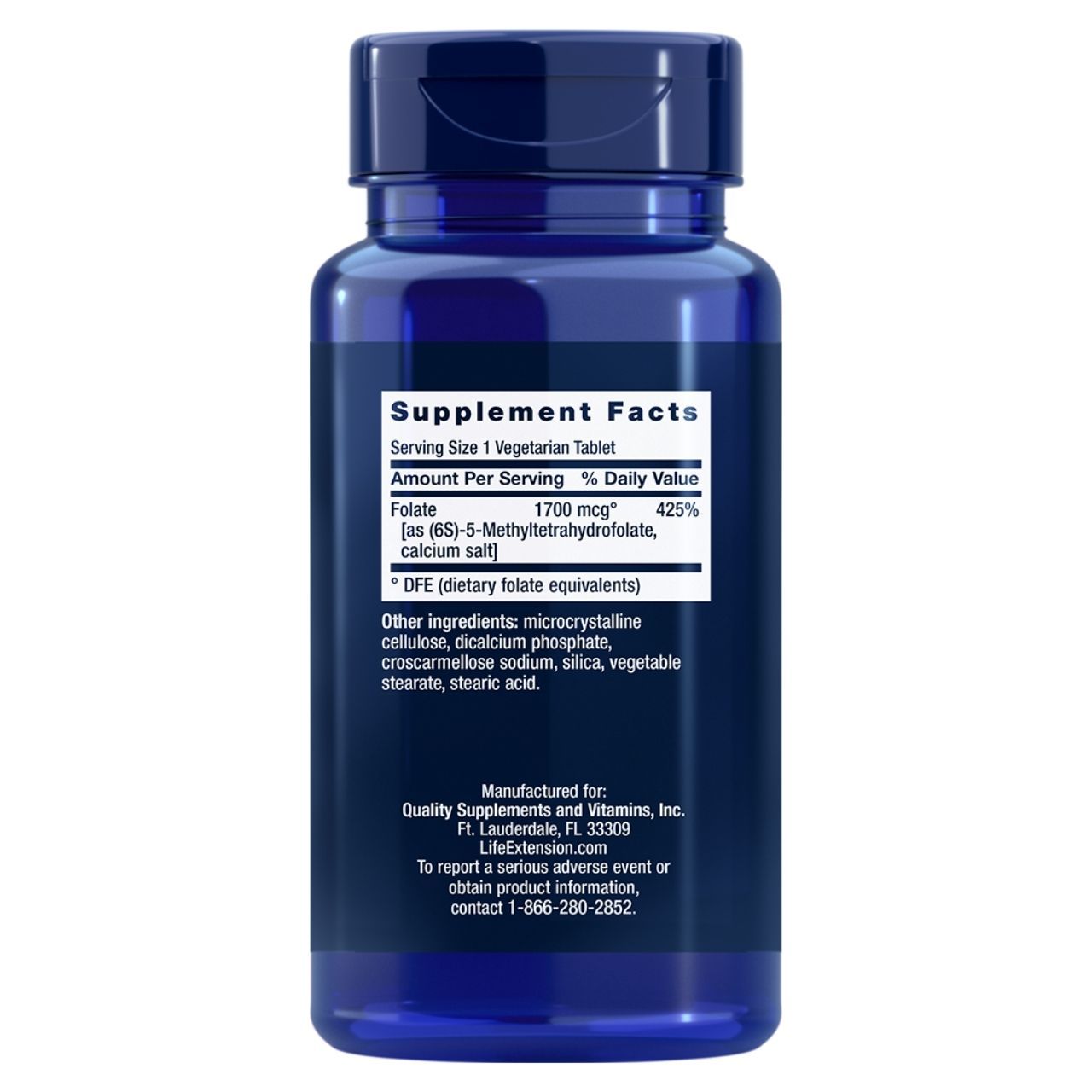 Étiquette "Supplement Facts" sur une bouteille bleue : Folate 1700 mcg, autres ingrédients listés.