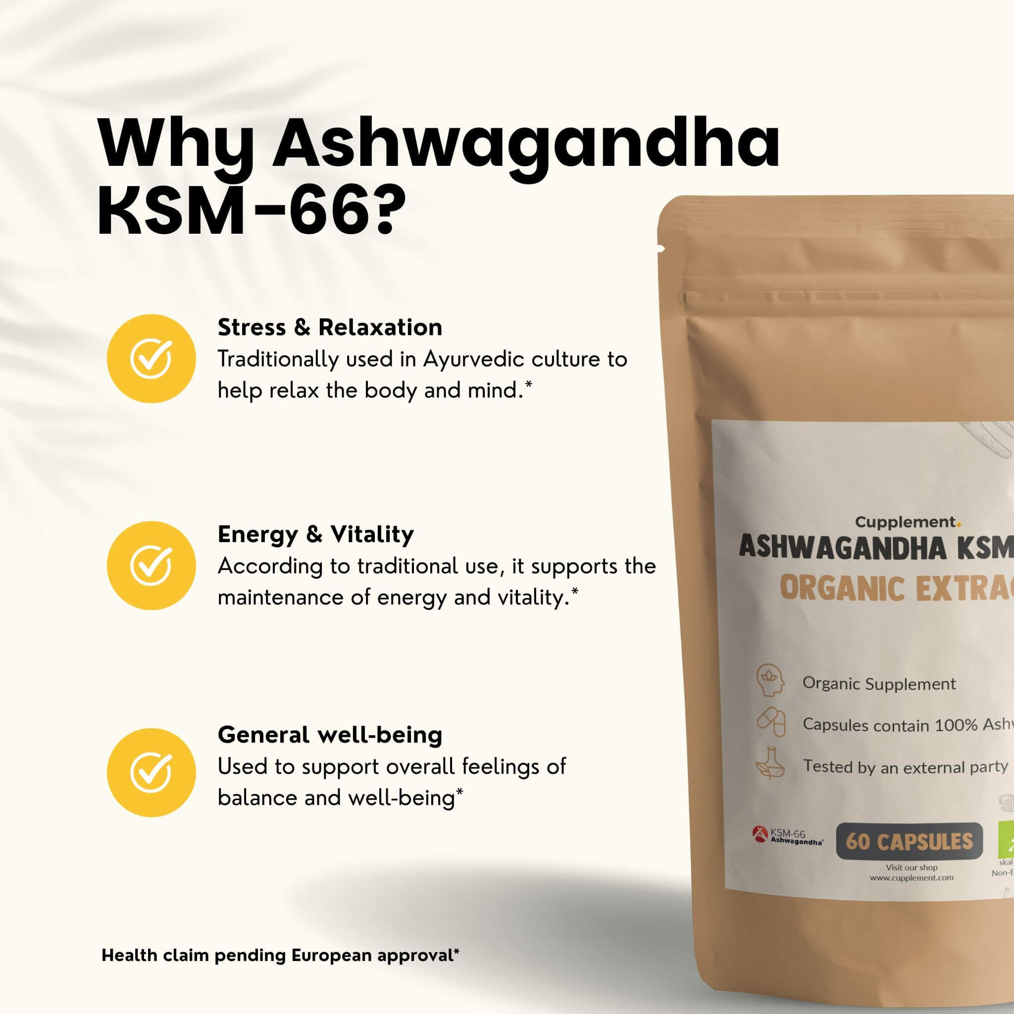 Sachet de Cupplement Ashwagandha KSM-66. Texte : Stress & relaxation, énergie & vitalité, bien-être général. 60 gélules.