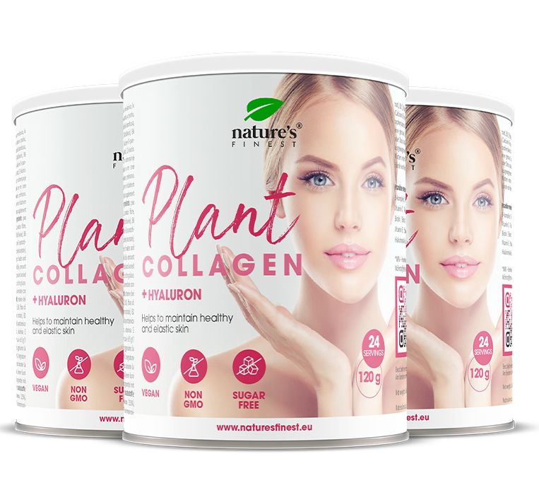 Trois boîtes de Nature's Finest Plant Collagen Booster. Inscription : Plant Collagen + Hyaluron, 24 portions, 120g, végétalien, sans sucre.