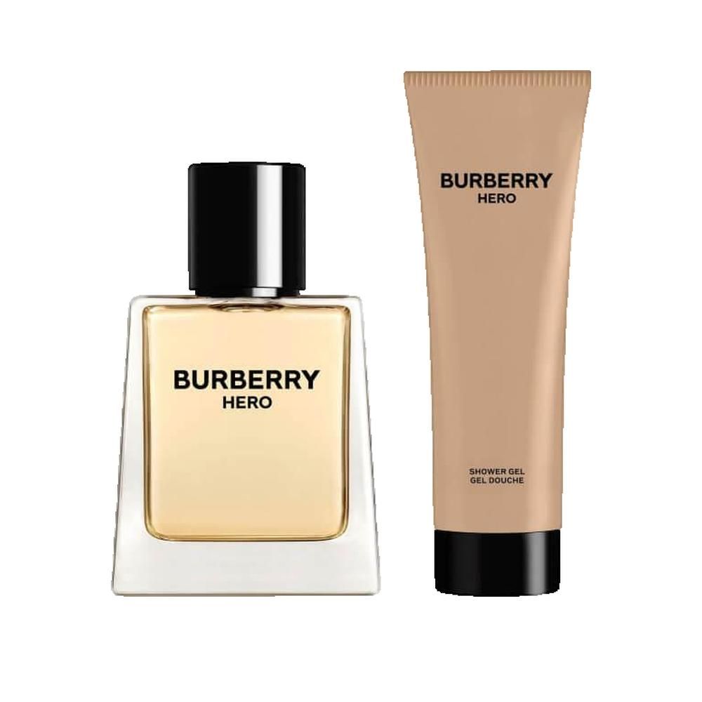 Flacon et tube. Flacon carré transparent, bouchon noir. Tube beige, bouchon noir. Tous deux avec l'inscription "Burberry Hero".