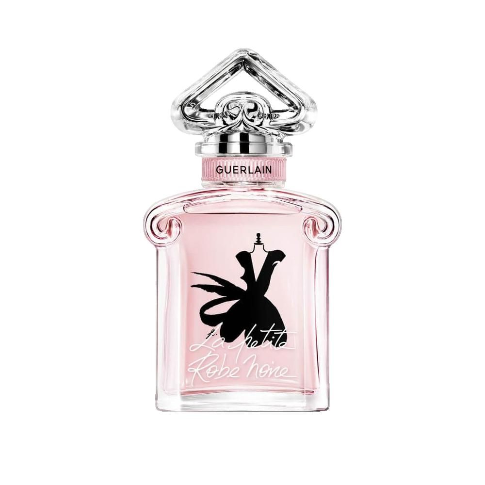 Glazen fles met roze vloeistof. Zwarte tekening van een jurk. Zilveren sluiting. Opschrift: Guerlain, La petite Robe Noire.