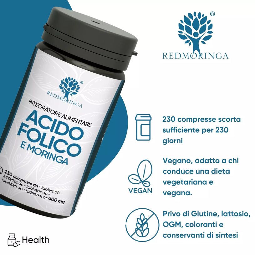 Flacon d'Acido Folico e Moringa. Texte: 230 comprimés, végétalien, sans gluten, sans lactose.