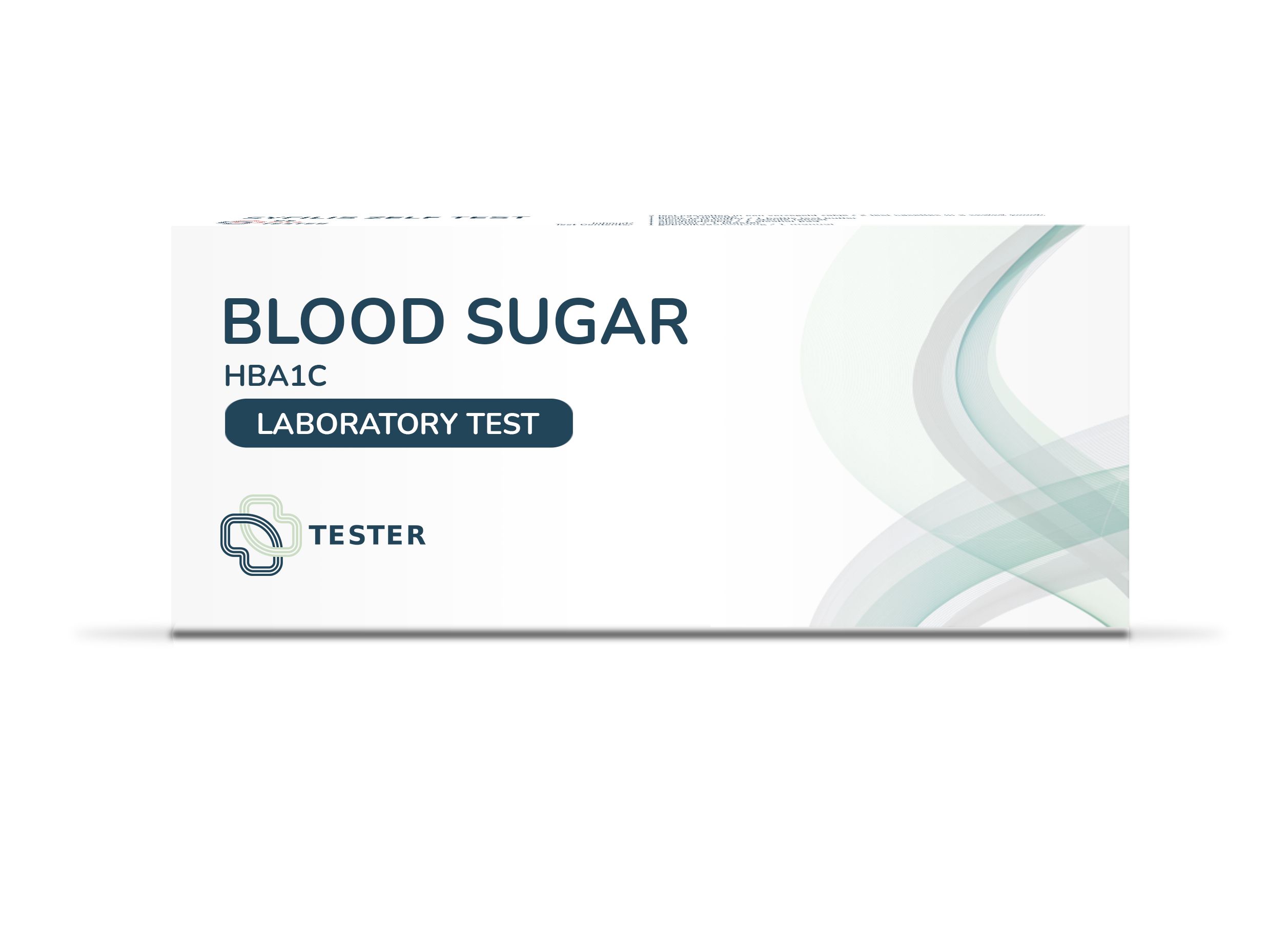 Boîte de test de glycémie. Inscription : Blood Sugar, HBA1C, Laboratory Test, Tester. Blanc avec des vagues vertes.