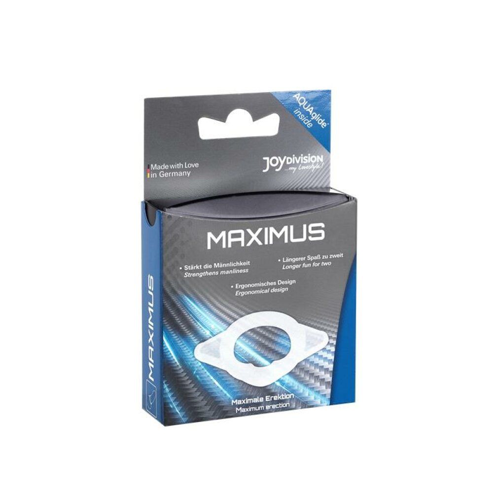 MAXIMUS verpakking. Witte penisring in doos. Opschrift MAXIMUS, AquaGlide, Made in Germany. Ergonomisch ontwerp.