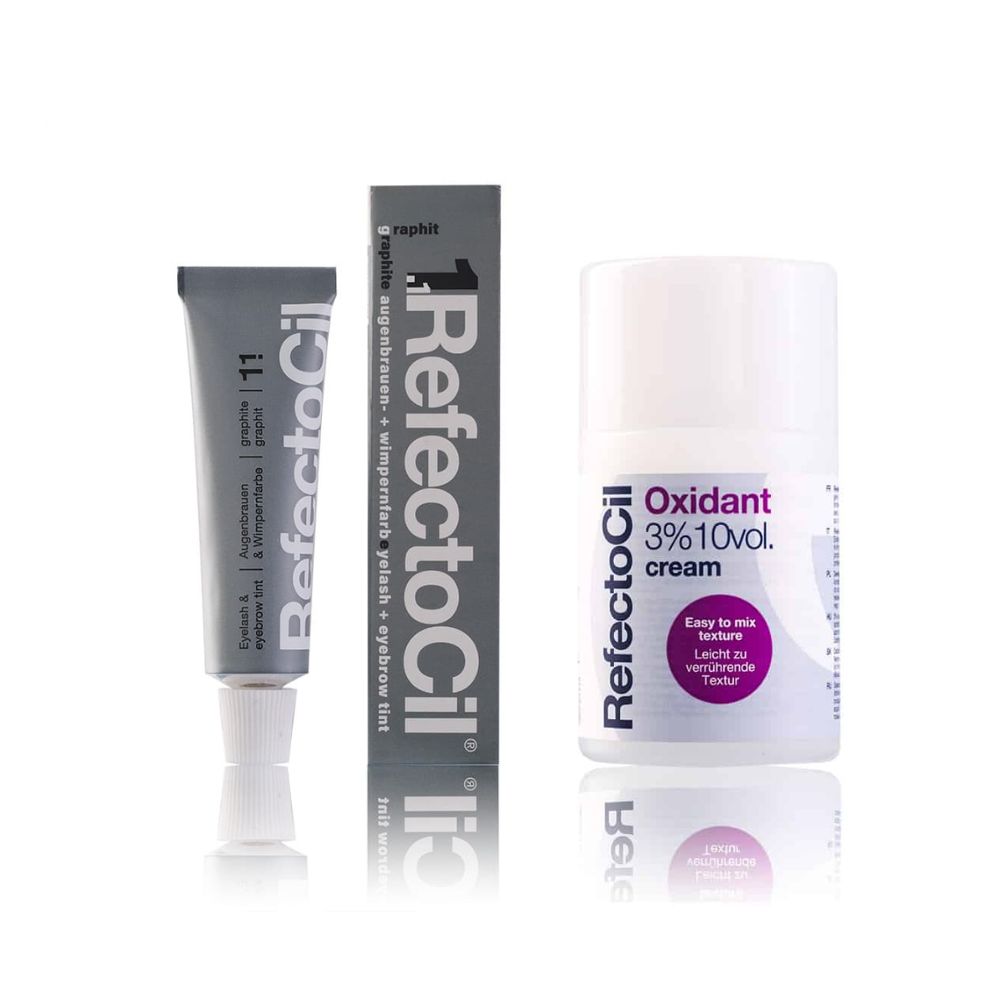 Set van RefectoCil: tube graphit 1.1 wimperverf en flesje 3% 10vol. oxidant crème. Beide producten met tekst.