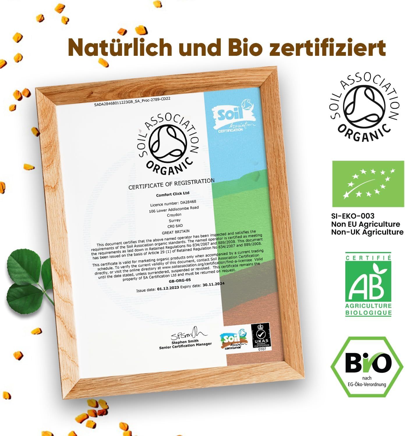 Certificaat in houten lijst. Tekst: Natuurlijk en biologisch gecertificeerd. Keurmerken: Soil Association Organic, AB, Bio.