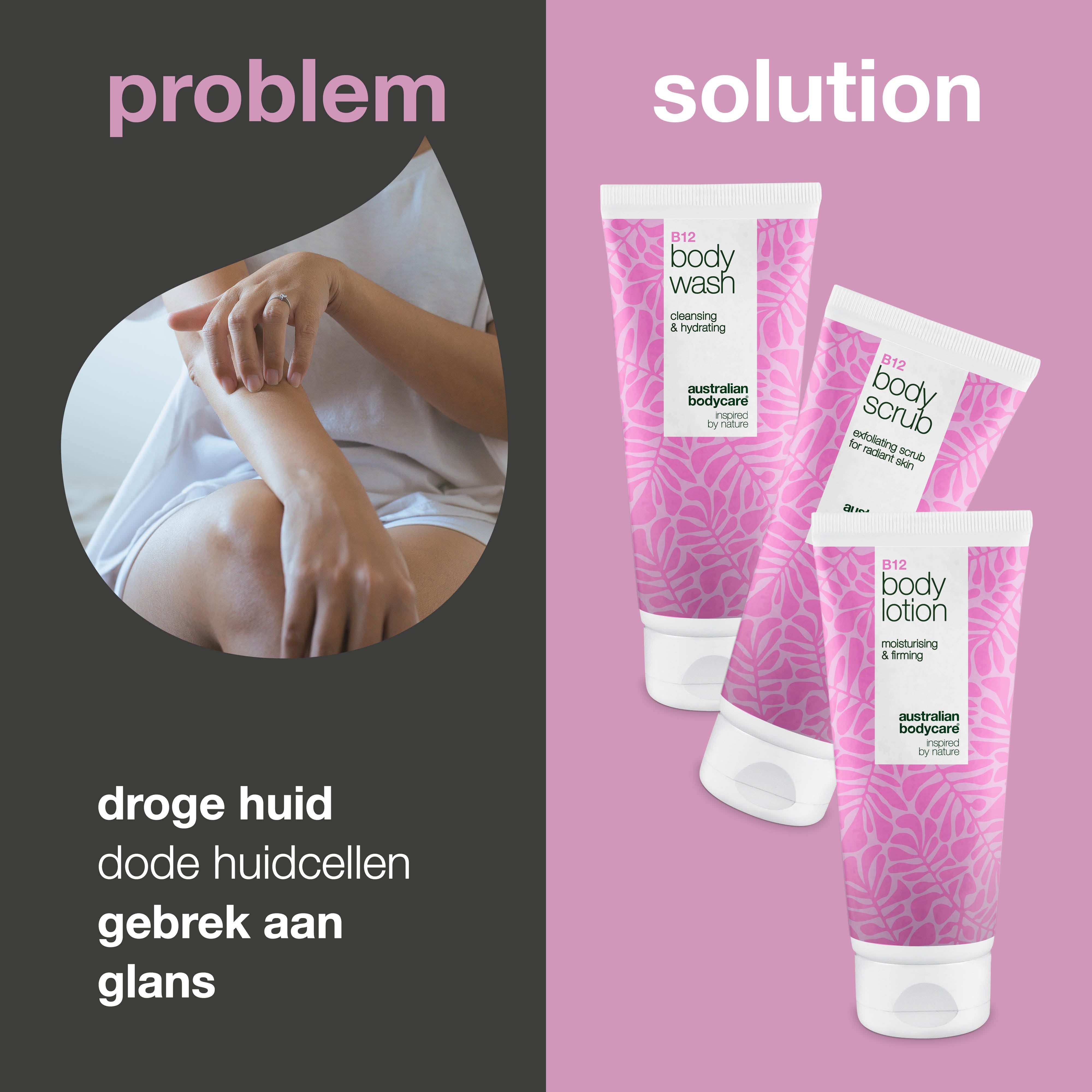 Afbeelding van persoon met droge huid en drie tubes: B12 Body Wash, Body Scrub, Body Lotion. Merk: Australian Bodycare.
