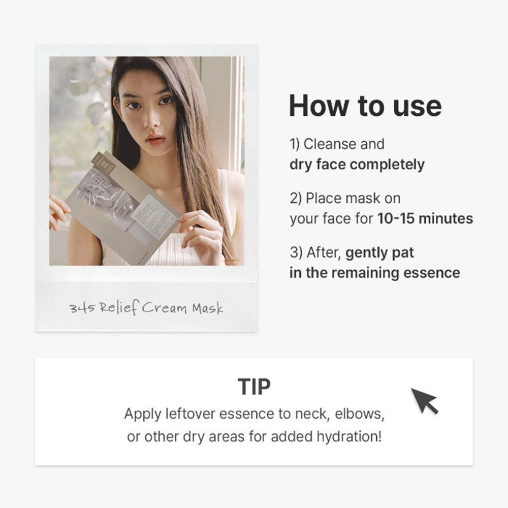 Vrouw houdt een gezichtsmaskerverpakking vast met de tekst "345 Relief Cream Mask".