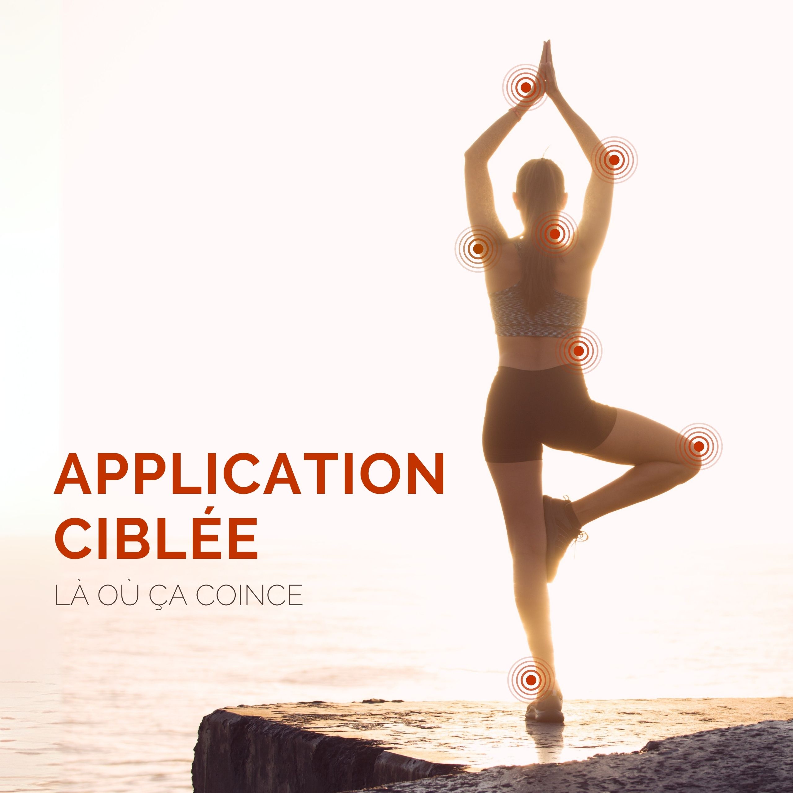 Personne en pose de yoga. Cercles rouges autour des articulations. Texte: Application ciblée. Là où ça coince.