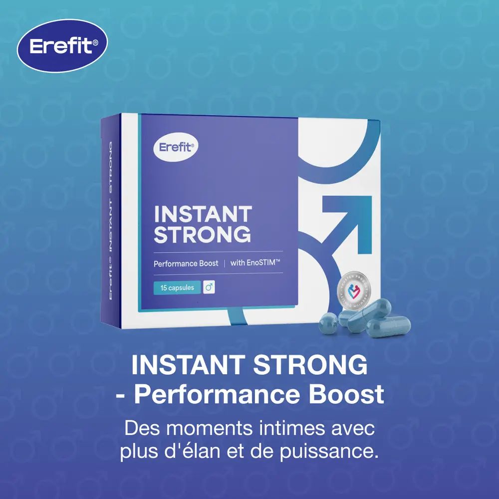 Boîtes Erefit INSTANT STRONG à côté d'un couple. Nom du produit et logo sur l'emballage.