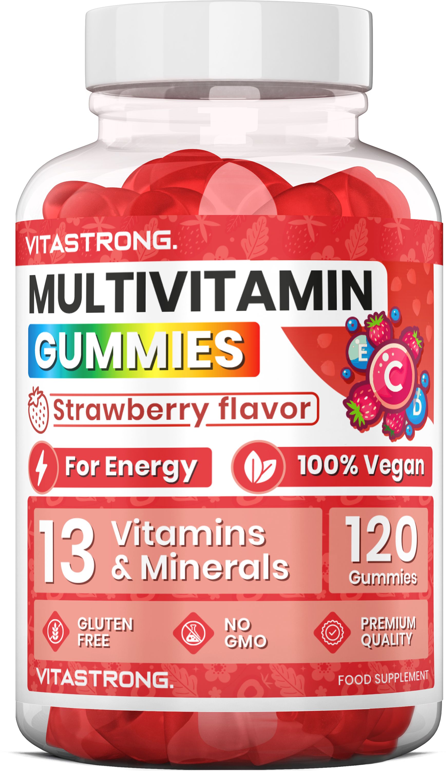 Vitastrong Multivitamin Gummies, aardbeiensmaak, 120 stuks.