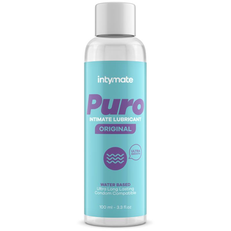 Transparante fles met witte dop. Opschrift: Intymate Puro Intimate Lubricant Original. Turquoise etiket.