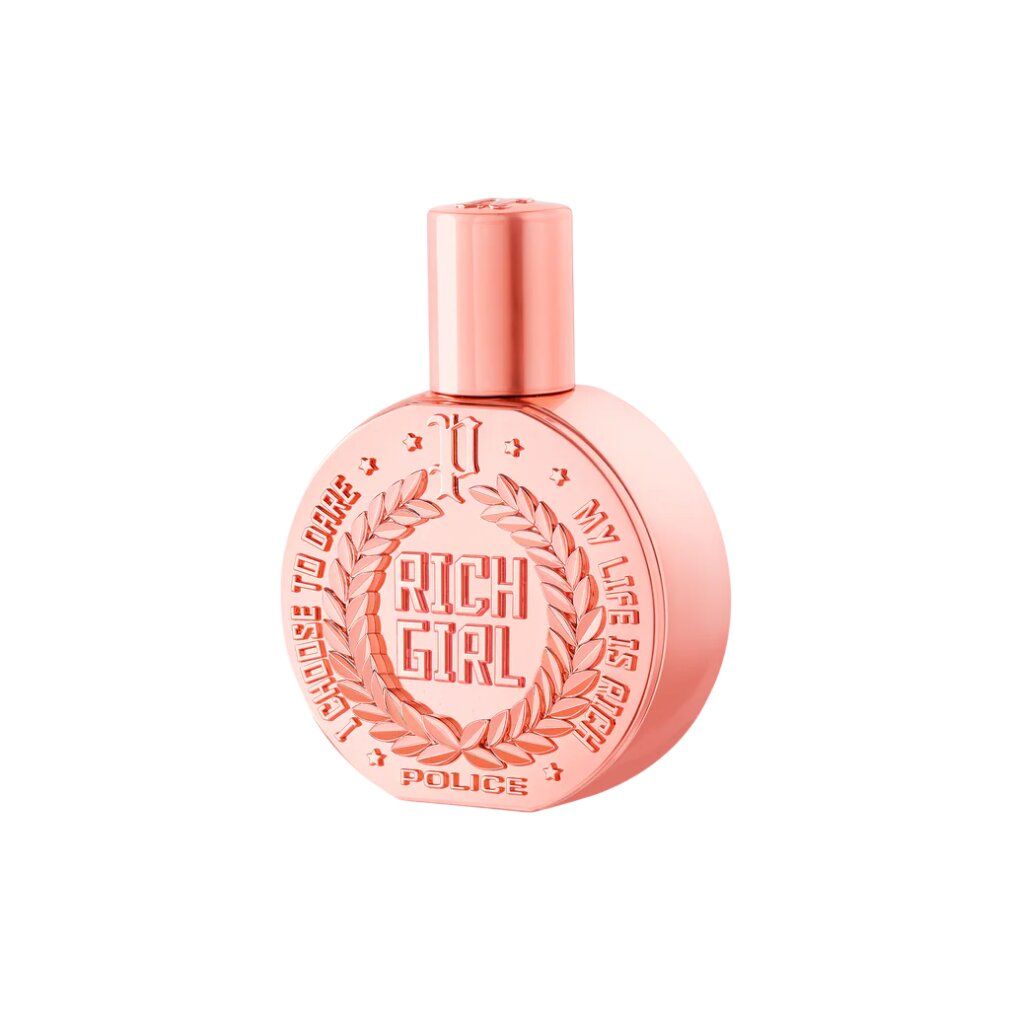 Flacon d'Eau de Parfum rose dorée avec "Rich Girl" en relief, logo "Police" et couronne de laurier. 30ml.