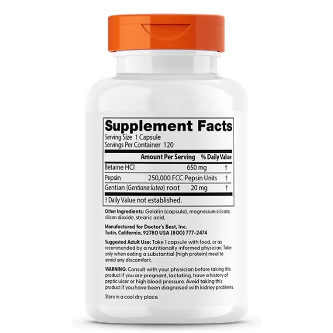 Dos de la Bétaïne HCl, Pepsine et Gentiane Amère Doctor's Best avec informations nutritionnelles.