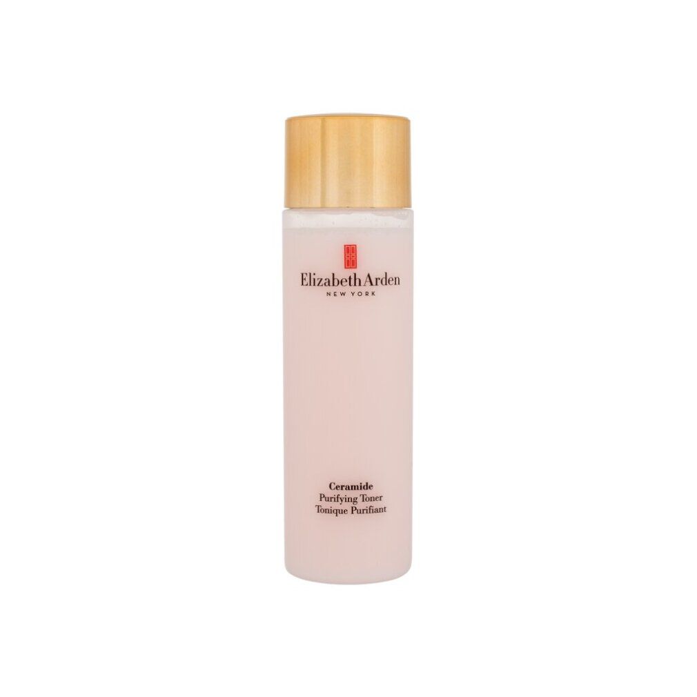 Flacon rose avec bouchon doré. Inscription: Elizabeth Arden, Ceramide Purifying Toner.