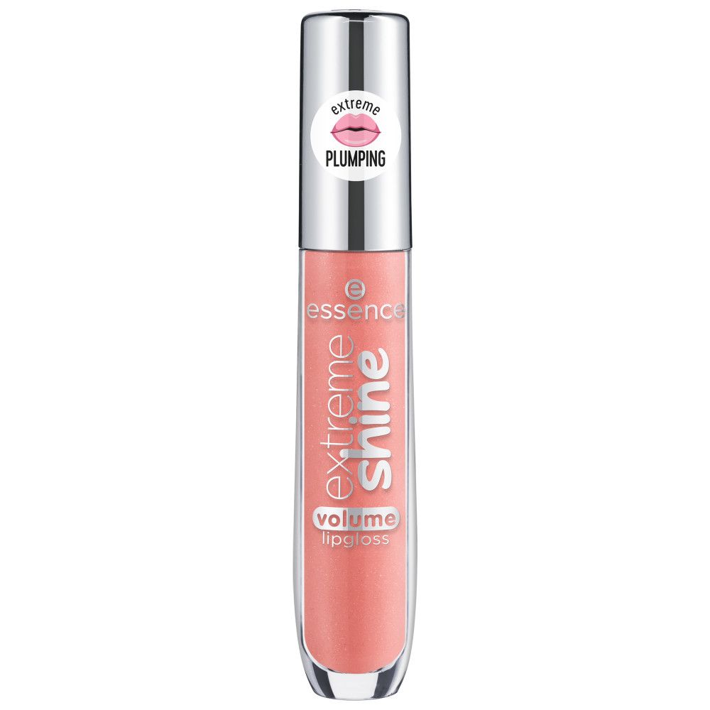 Lipgloss tube met zilveren dop. Roze inhoud. Tekst: Extreme Shine, Volume Lipgloss. Sticker: Plumping.