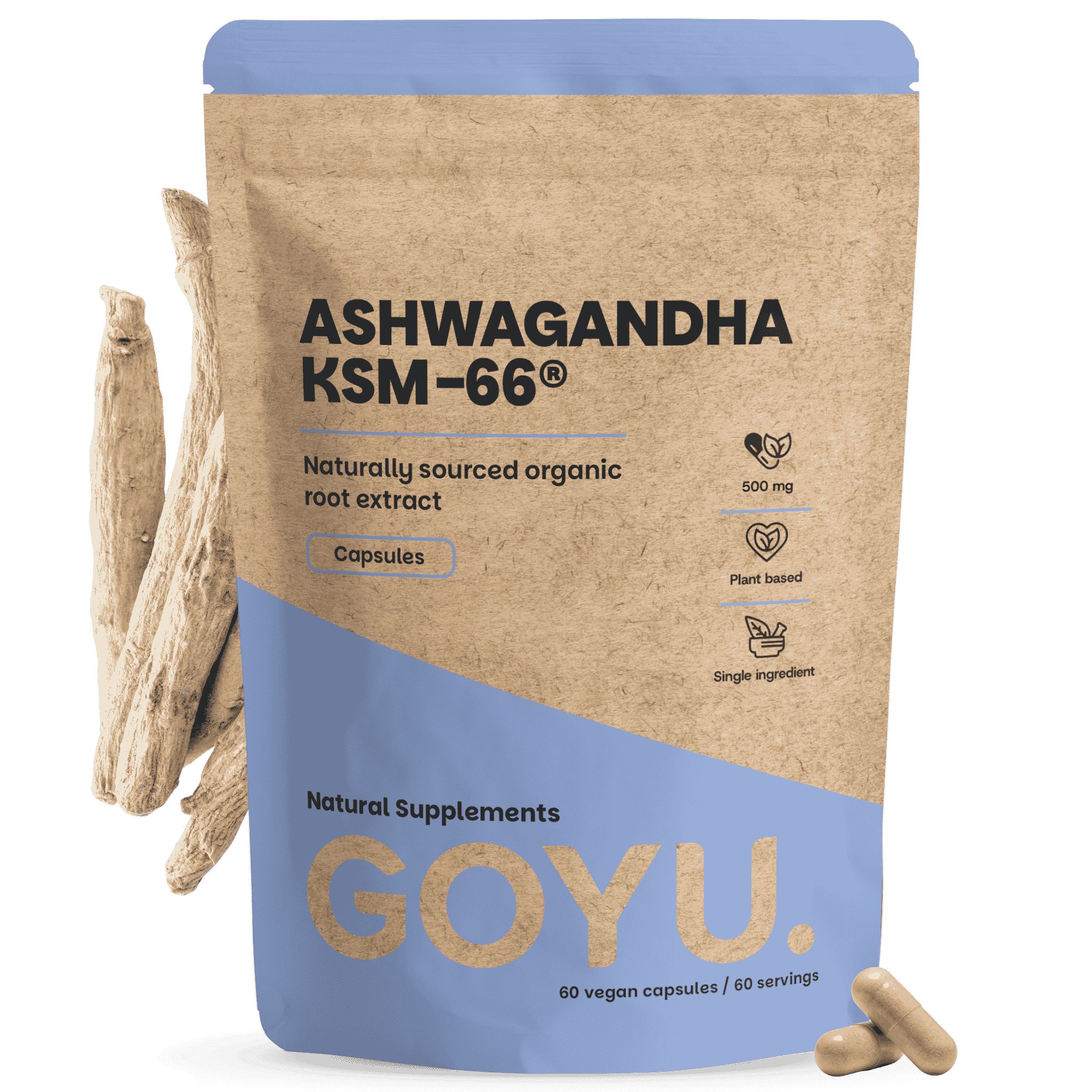 Bruine stand-up pouch met Ashwagandha KSM-66 capsules, 500 mg, biologisch wortelextract.
