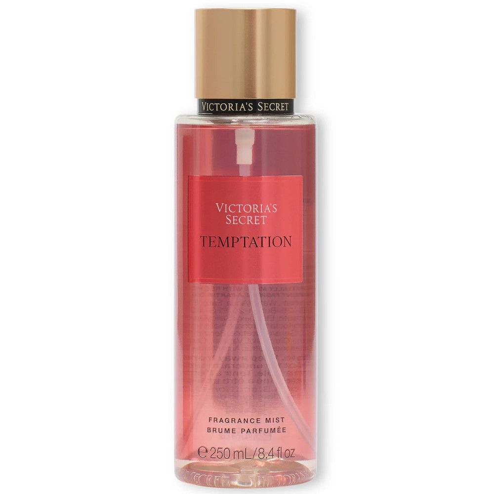 Brume pour le corps Victoria's Secret Temptation. Étiquette rouge, bouchon doré, vaporisateur. 250 ml.