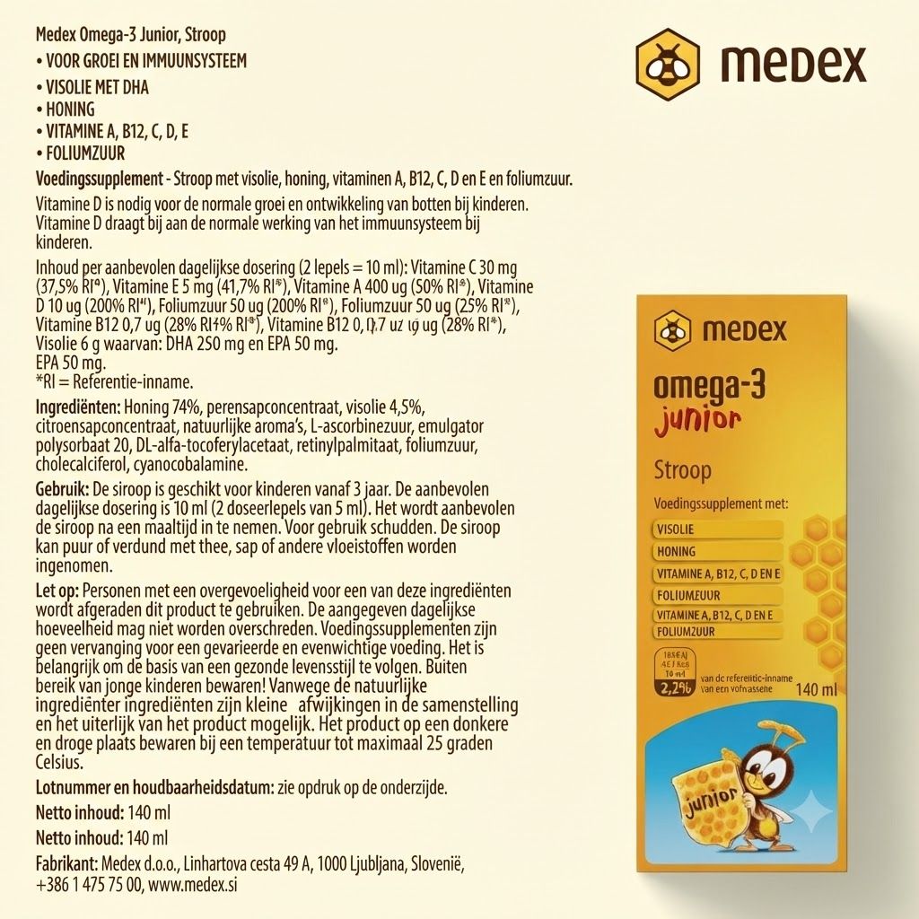 Medex Omega-3 Junior siroop fles met informatie en bijenmotief.