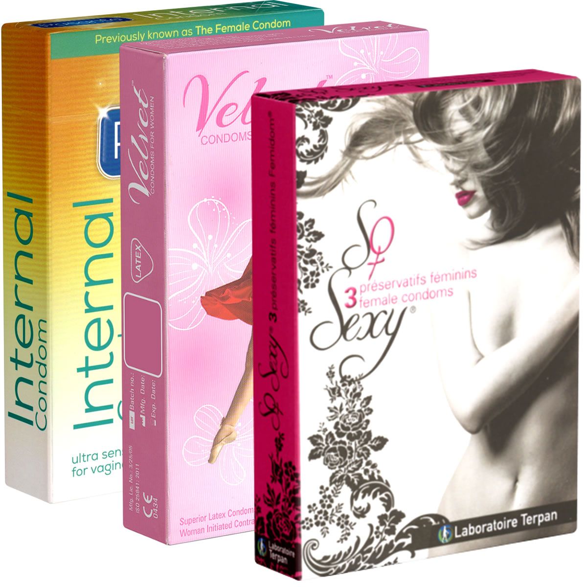 Drie dozen condooms. De linkerdoos is geel en groen, met "Internal Condom". De middelste doos is roze met "Velvet Condoms". De rechterdoos is rood met "Sexy".