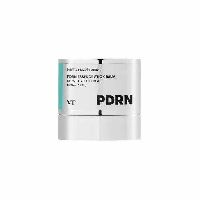 VT Cosmetics PDRN Essence Stick Balm, un produit de soin de la peau dans un contenant argenté avec une touche turquoise.