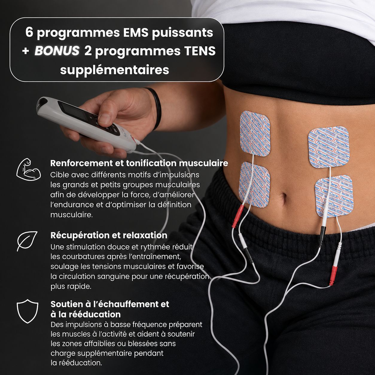 Un appareil EMS/TENS avec quatre électrodes placées sur l'abdomen d'une personne.