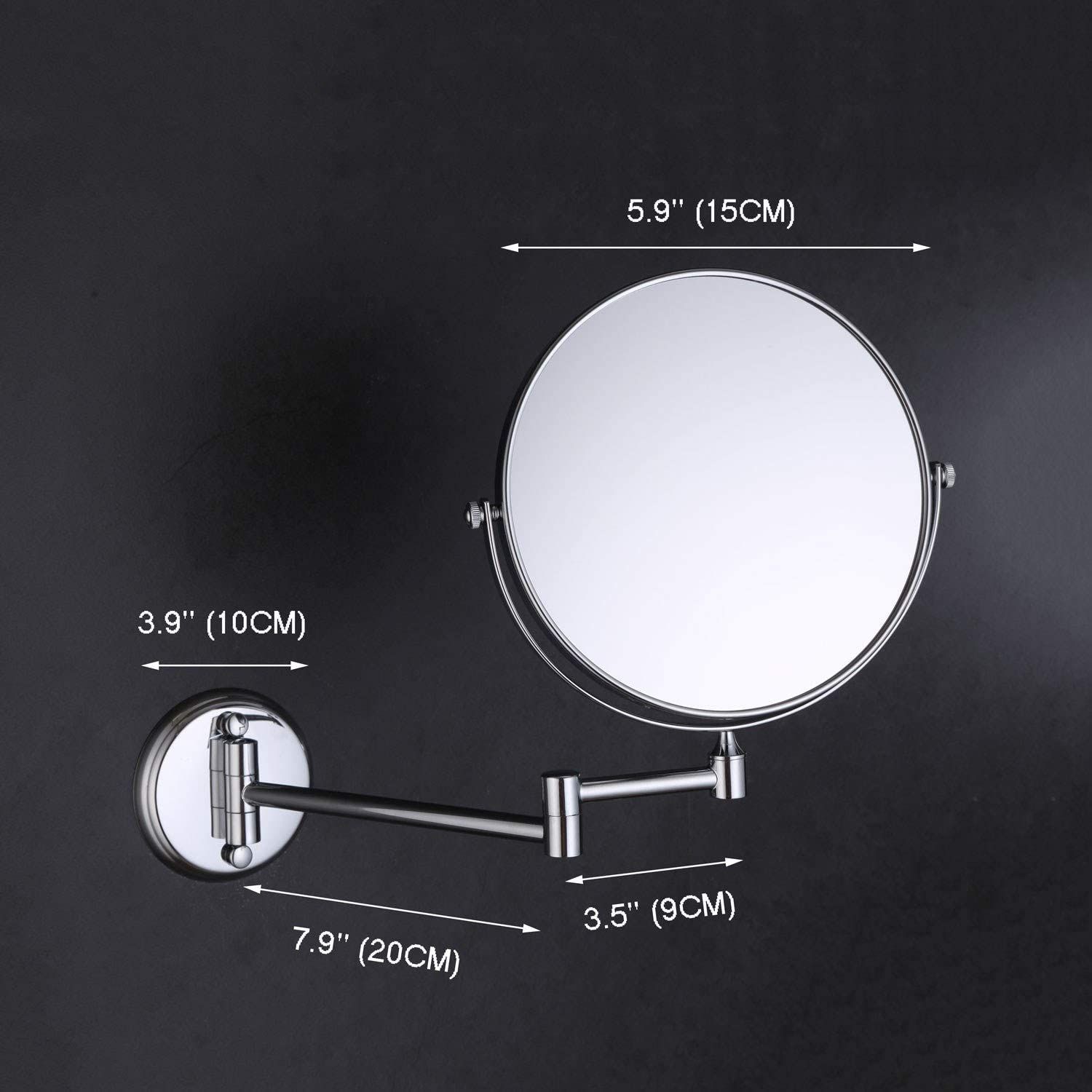 Miroir grossissant avec bras pivotant, dimensions: 15cm miroir, 20cm bras.