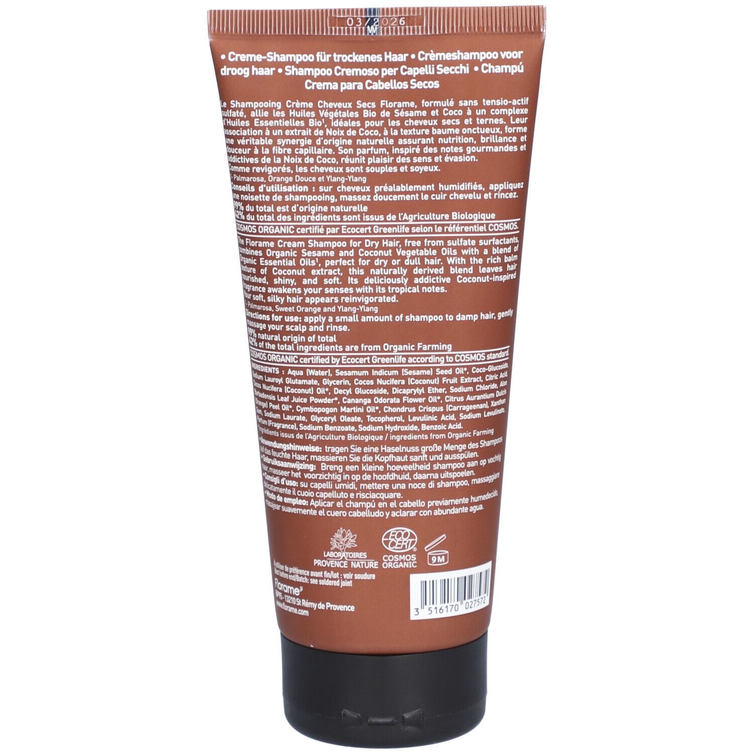 Achterkant van de bruine tube Florame crème shampoo voor droog haar. Tekst en logo's.