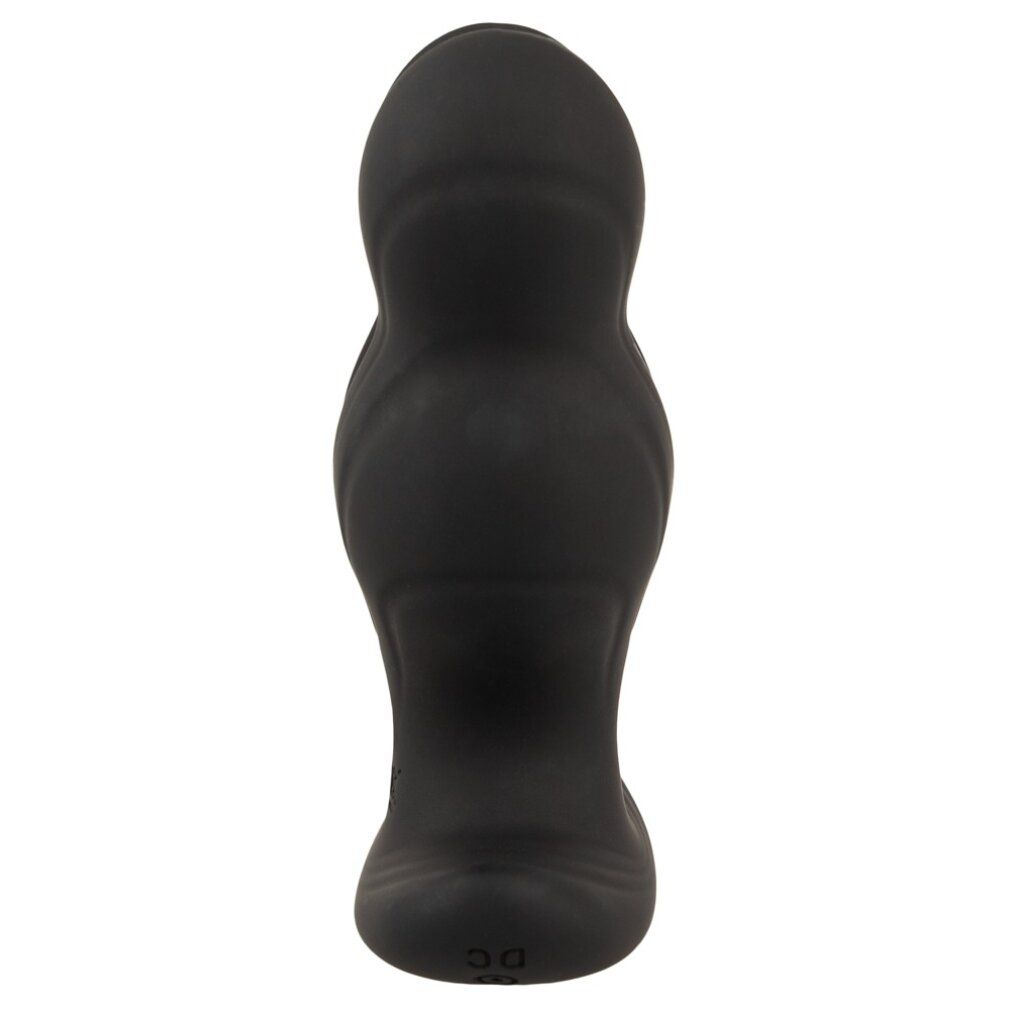 Zwarte anale dilator met geribbelde textuur en brede basis.