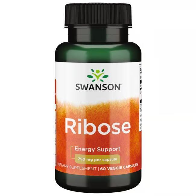 Groene fles met zwarte dop. Label met "SWANSON Ribose", "750 mg per capsule" en "60 Veggie Capsules".