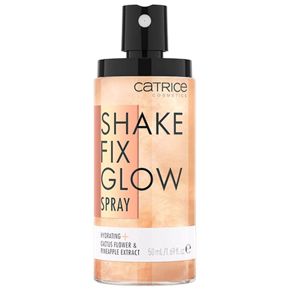 Catrice Shake Fix Glow Fixierspray. Flacon transparent avec tête de pulvérisation noire. Informations sur le produit.