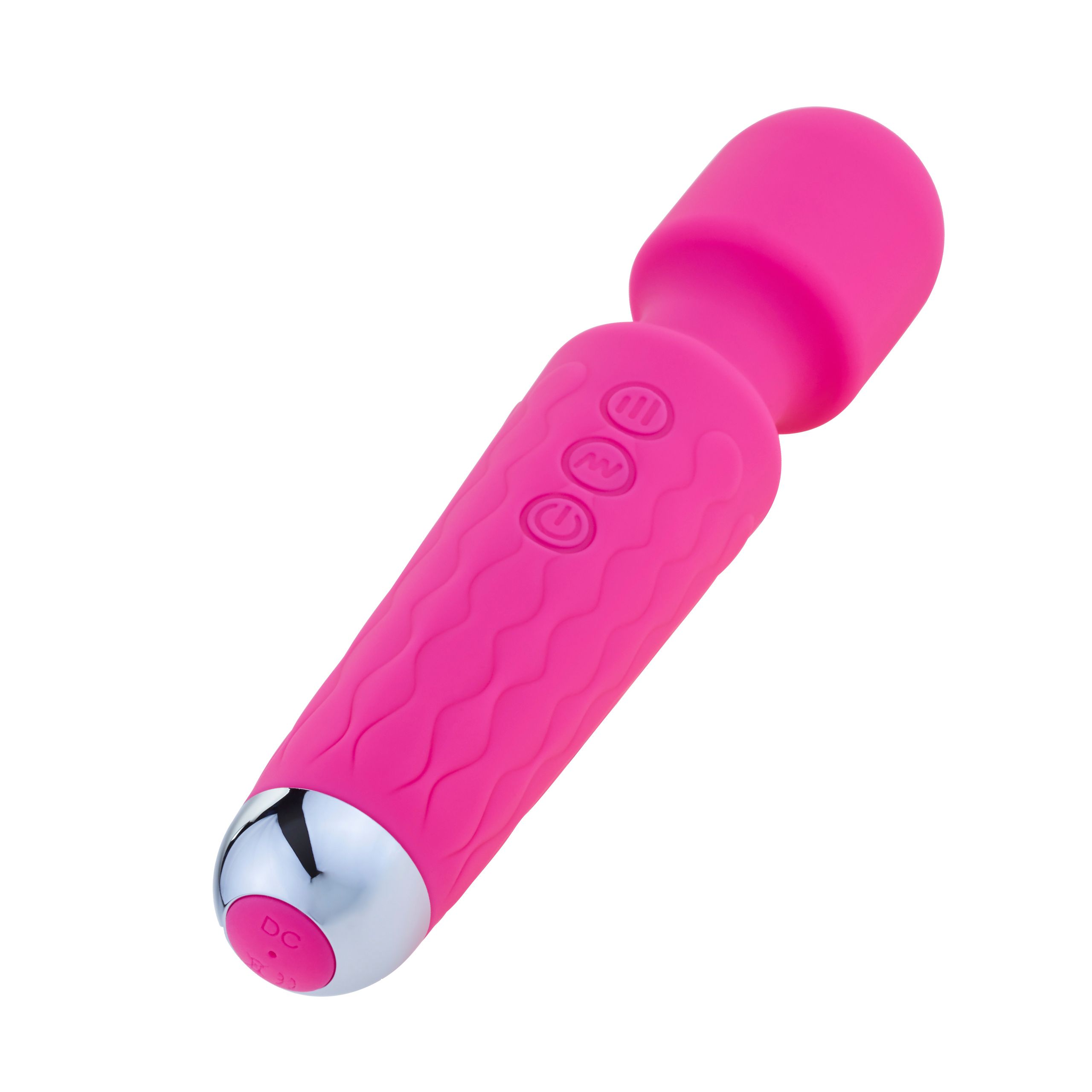 Vibrateur rose avec texture ondulée sur la poignée. Embout argenté et trois boutons. Partie supérieure ronde.