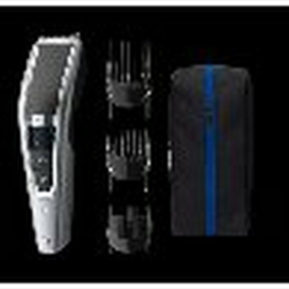 Tondeuse Philips avec trois sabots et une pochette noire avec bande bleue. Appareil argenté et noir.